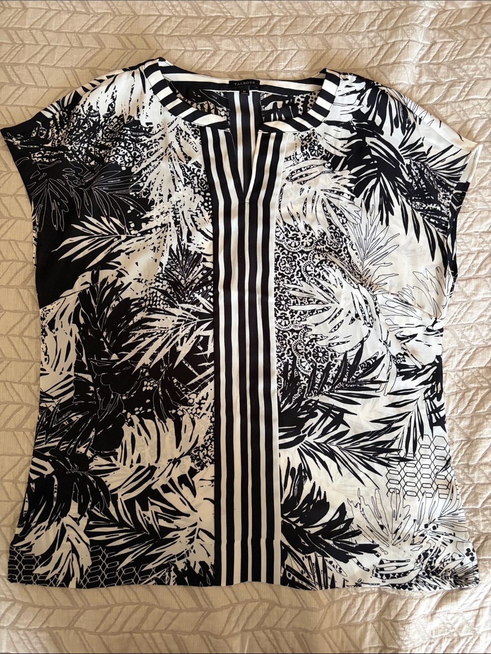 Talbots Black & White Botanical Stripe Cap-Sleeve Blouse- medium